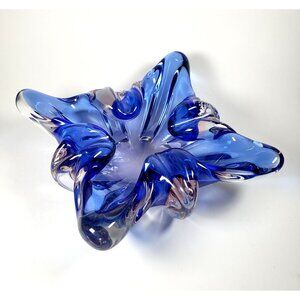 Sanyu Art Glass Decorative Bowl Blue Clear and Pink Heavy Vintage Japanese